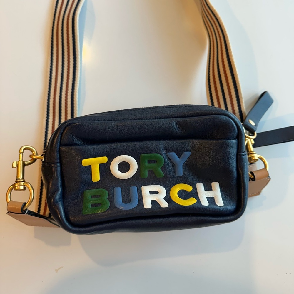 Authentic Tory Burch Women’s Belt Bag in Navy with Colorful Letters
